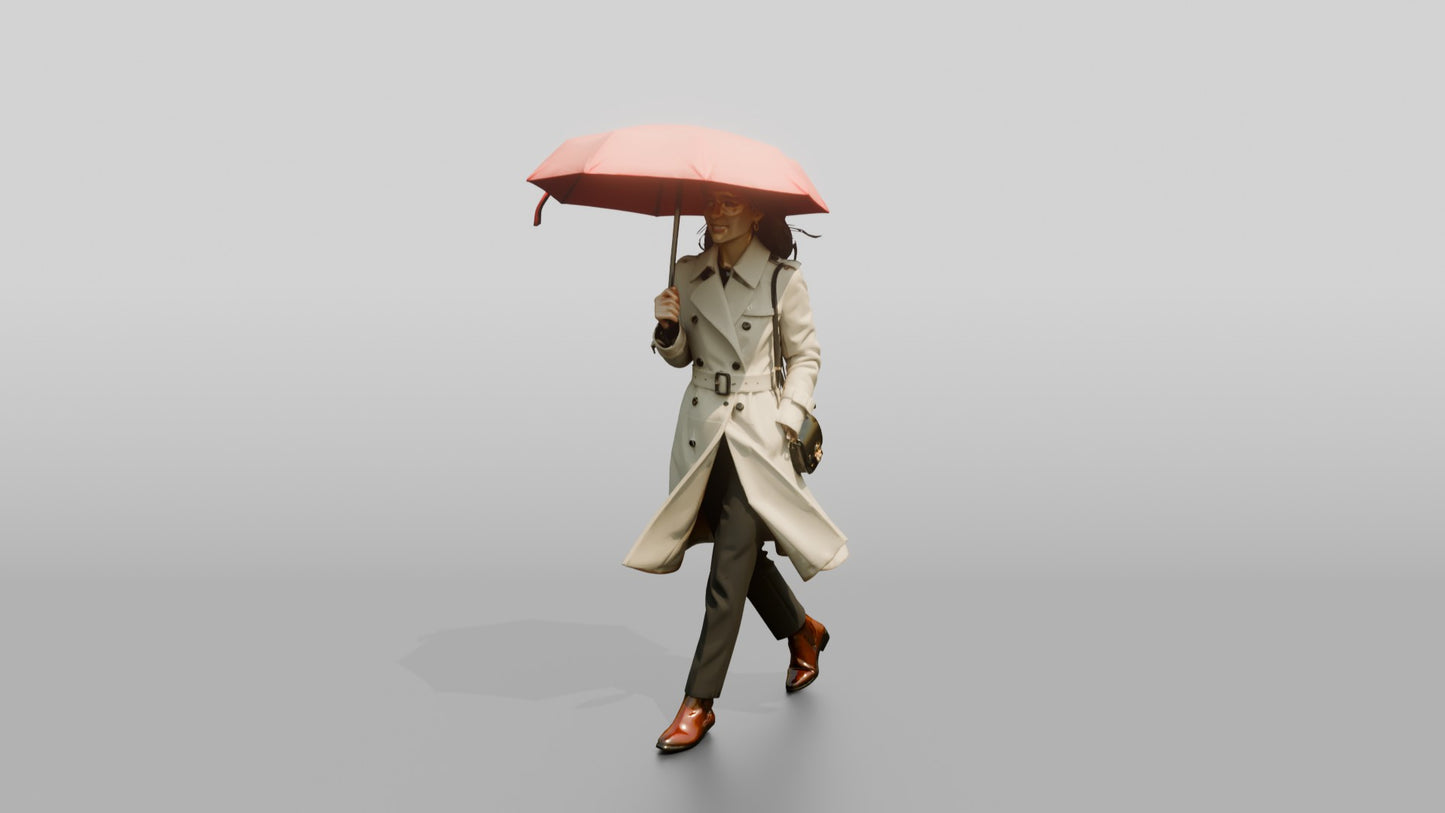 East Asian Woman in White Trench Coat with Red Umbrella