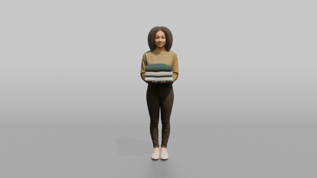Woman Customer Holding A Folded Stack Of Clothes - 3D character model, view 5