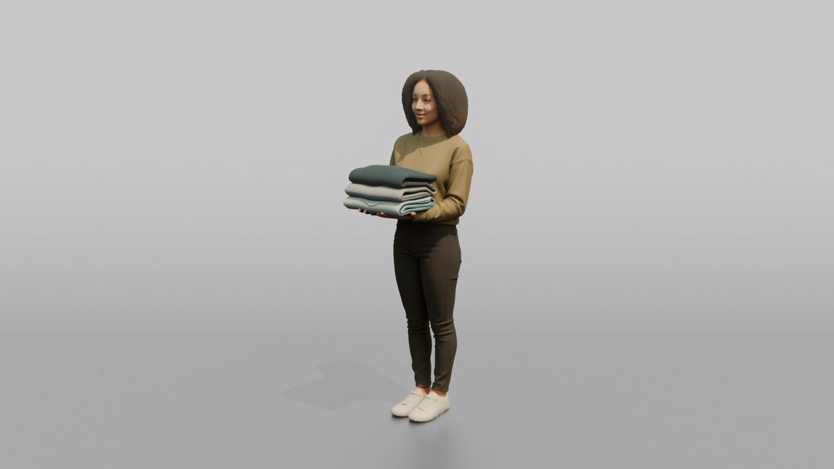 Woman Customer Holding A Folded Stack Of Clothes - 3D character model, view 4