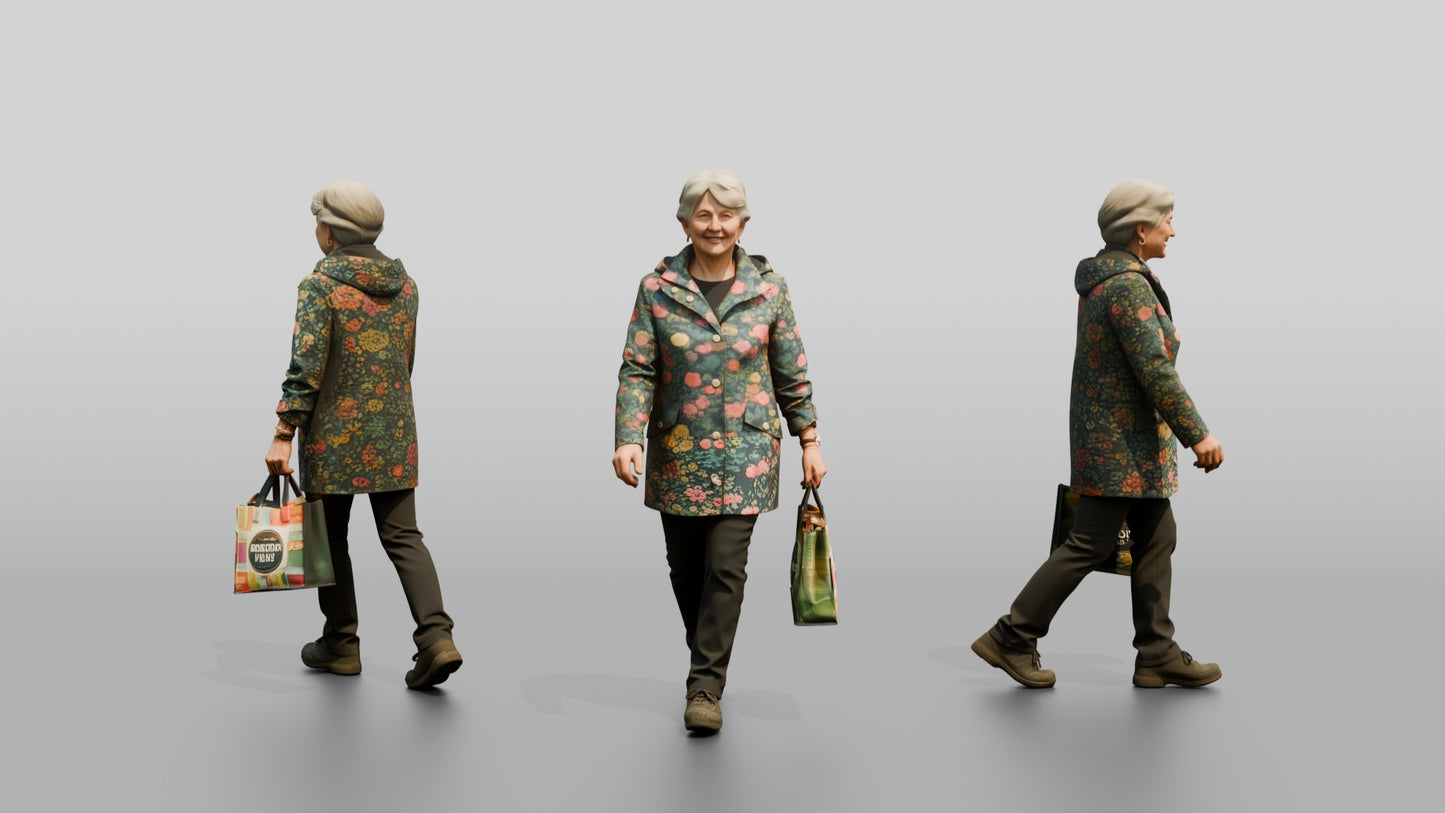 Elderly White Woman in Floral Raincoat with Shopping Bag