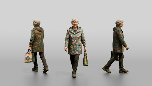 Elderly White Woman in Floral Raincoat with Shopping Bag