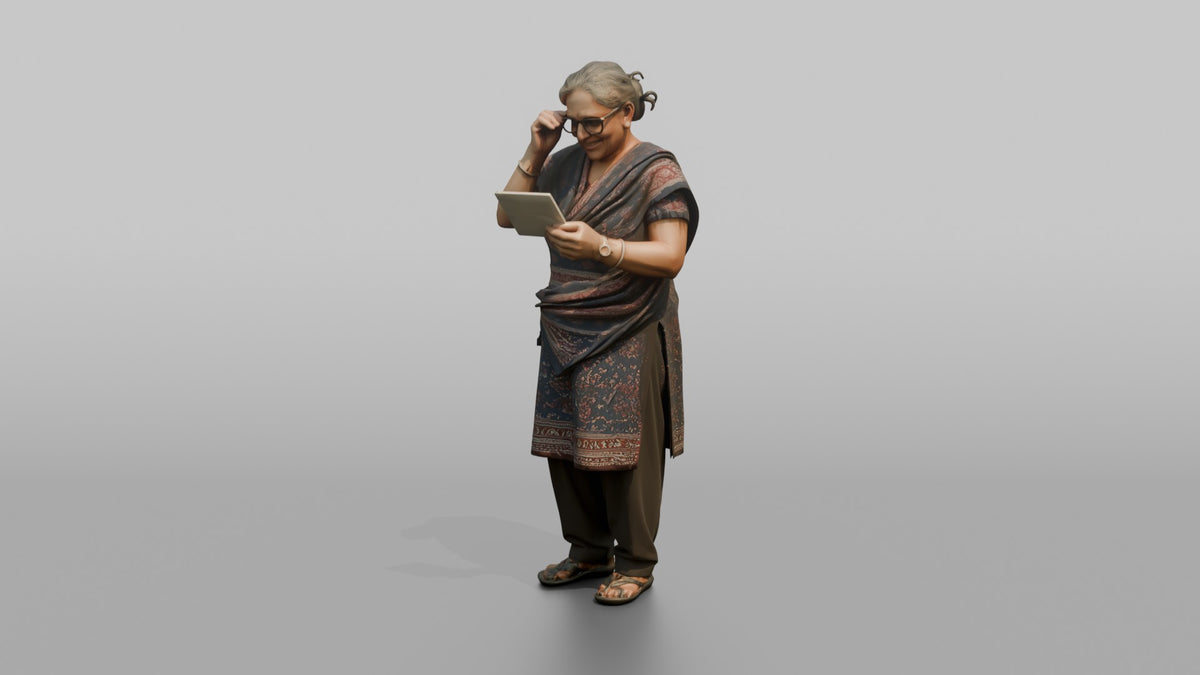 Grandmother Adjusting Her Glasses While Reading A Recipe Card - 3D character model, view 4