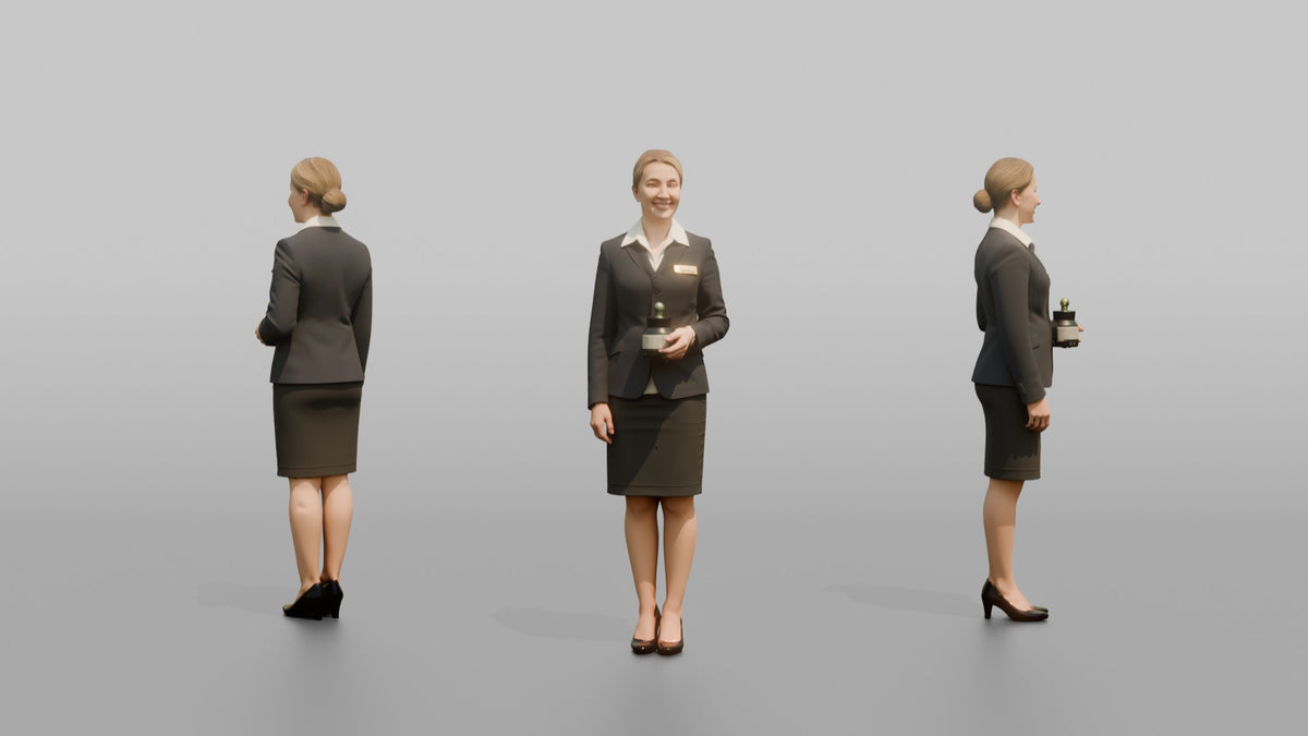 Receptionist Woman Holding A Small Vase Of Flowers - 3D character model, view 1