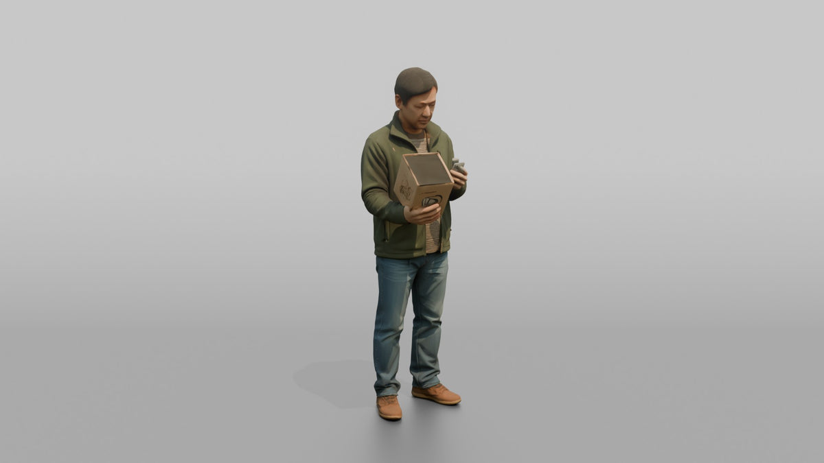 Man Customer Comparing Prices On His Phone While Holding A Product - 3D character model, view 2