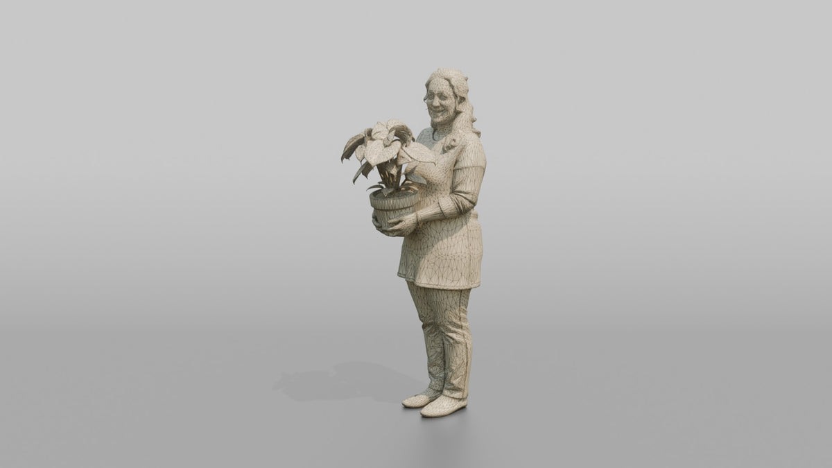 Mother Holding A Small Potted Plant With Both Hands - wireframe topology preview