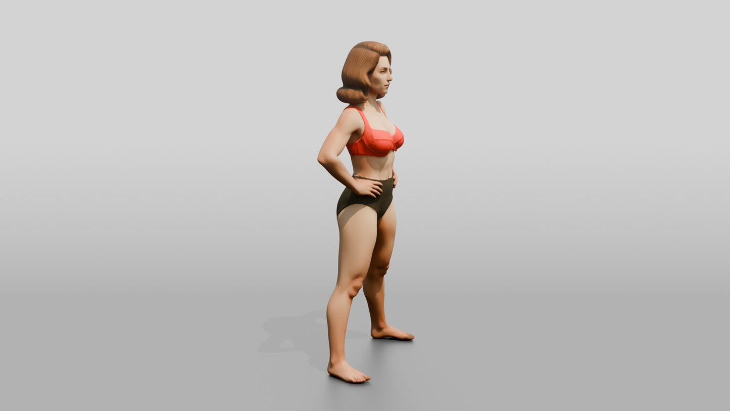 Woman in Red Two-Piece Swimsuit Wide Stance Hands on Hips