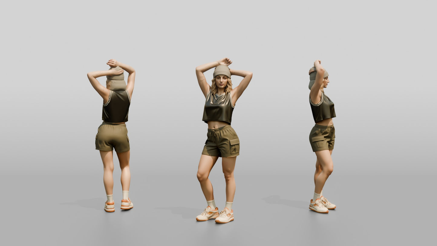 Woman Stretching Arms Overhead in Olive Cargo Shorts