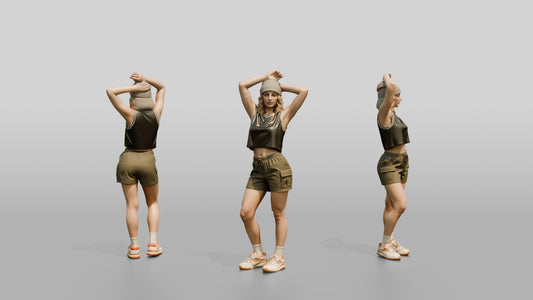 Woman Stretching Arms Overhead in Olive Cargo Shorts