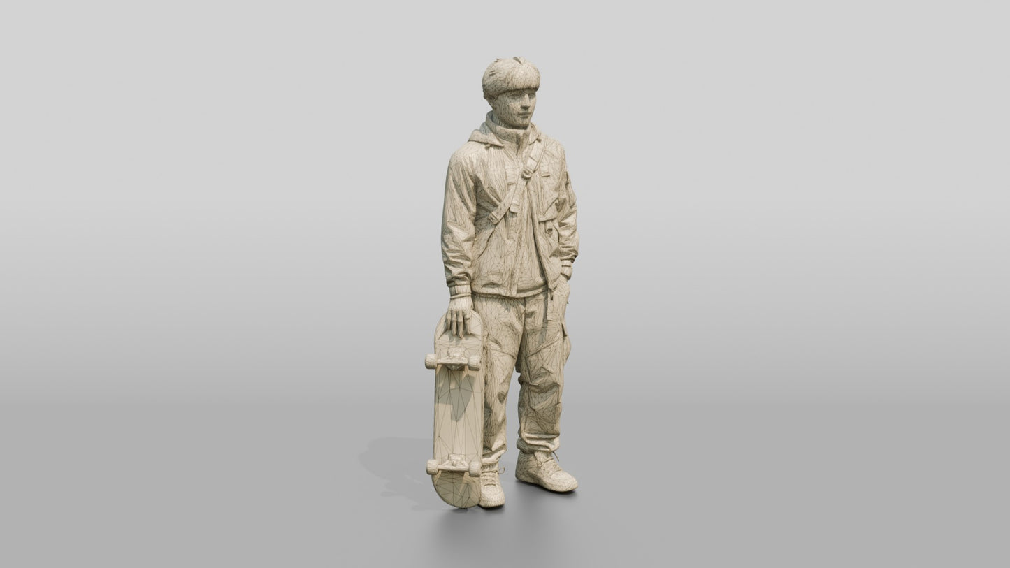Skater Man in Technical Jacket with Skateboard