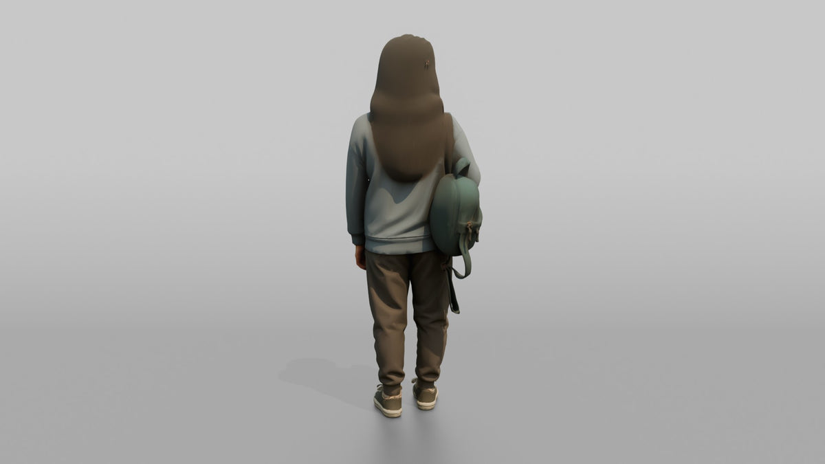 Daughter Carrying A Small Backpack By One Strap - 3D character model, view 3