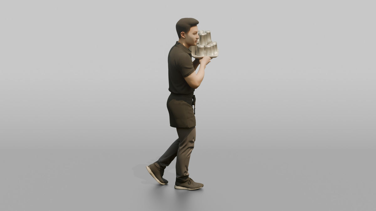 Server Man Balancing A Tray Of Empty Glasses - 3D character model, view 2