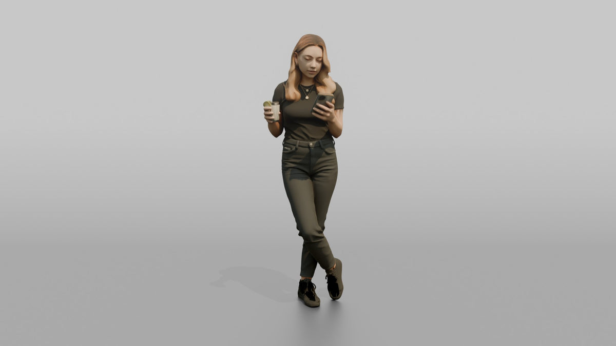 Patron Woman Standing Checking A Phone, Drink In The Other Hand - 3D character model, view 5