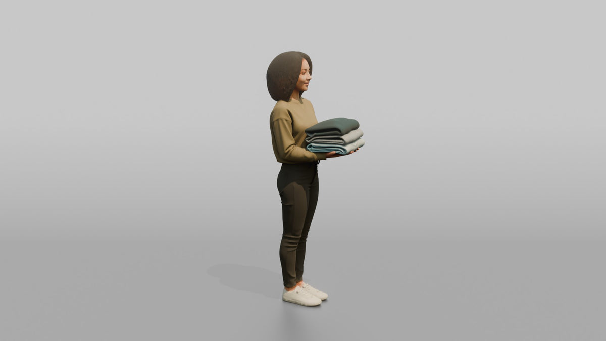 Woman Customer Holding A Folded Stack Of Clothes - 3D character model, view 2