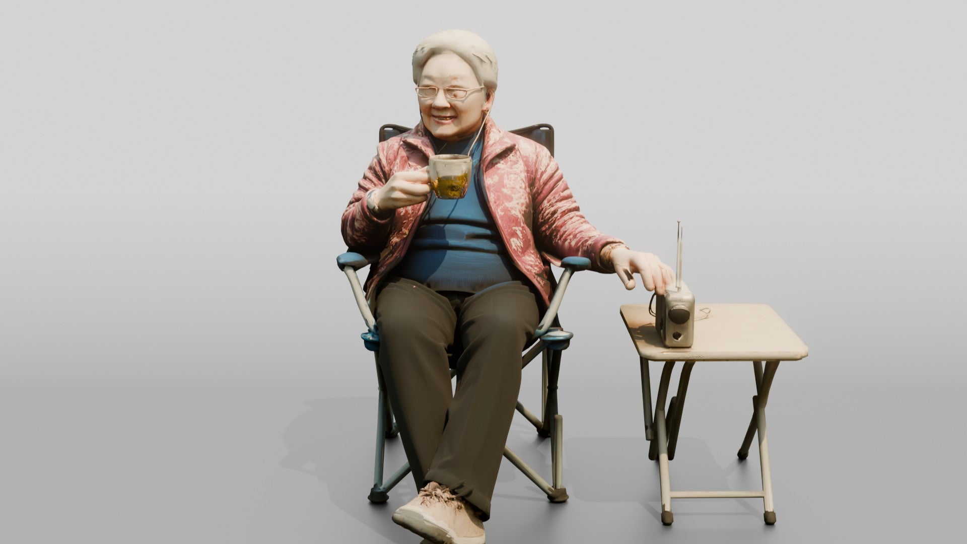 Elderly Chinese Woman Relaxing with Tea Outdoors