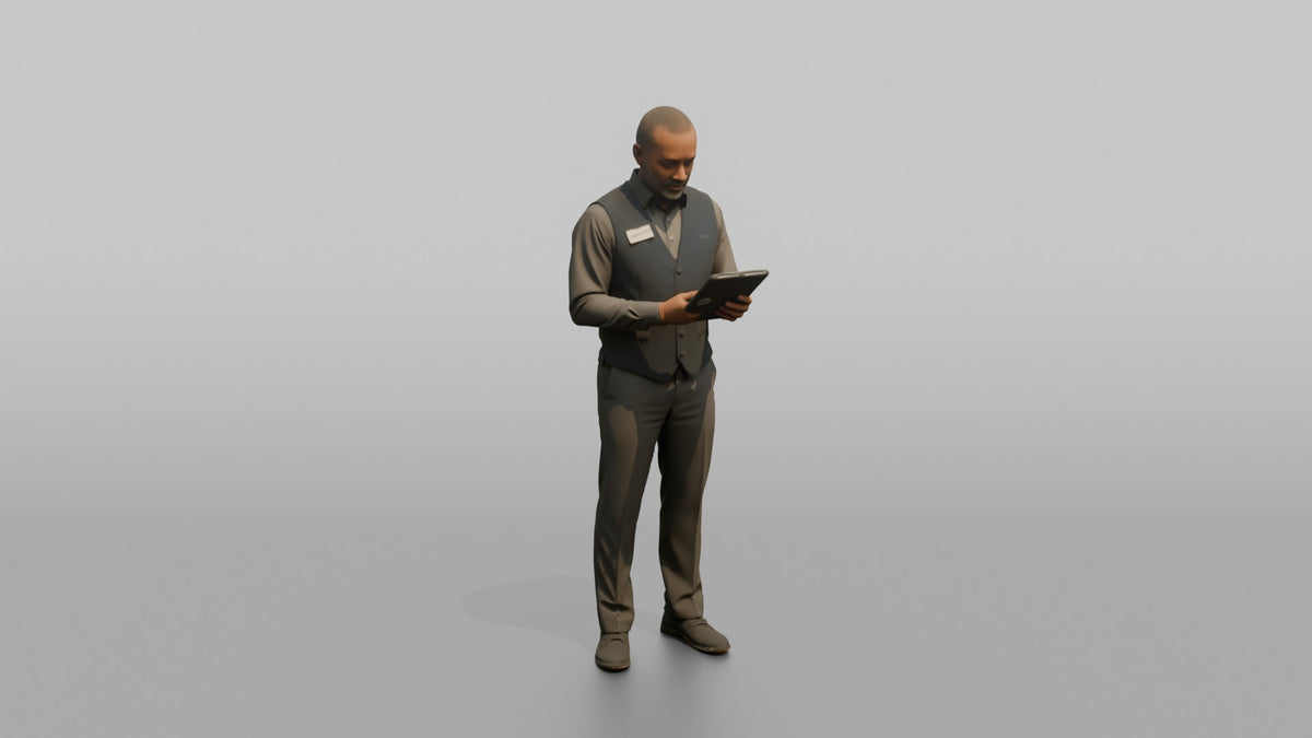 Man Sales Associate Holding A Tablet, Checking Something On The Screen - 3D character model