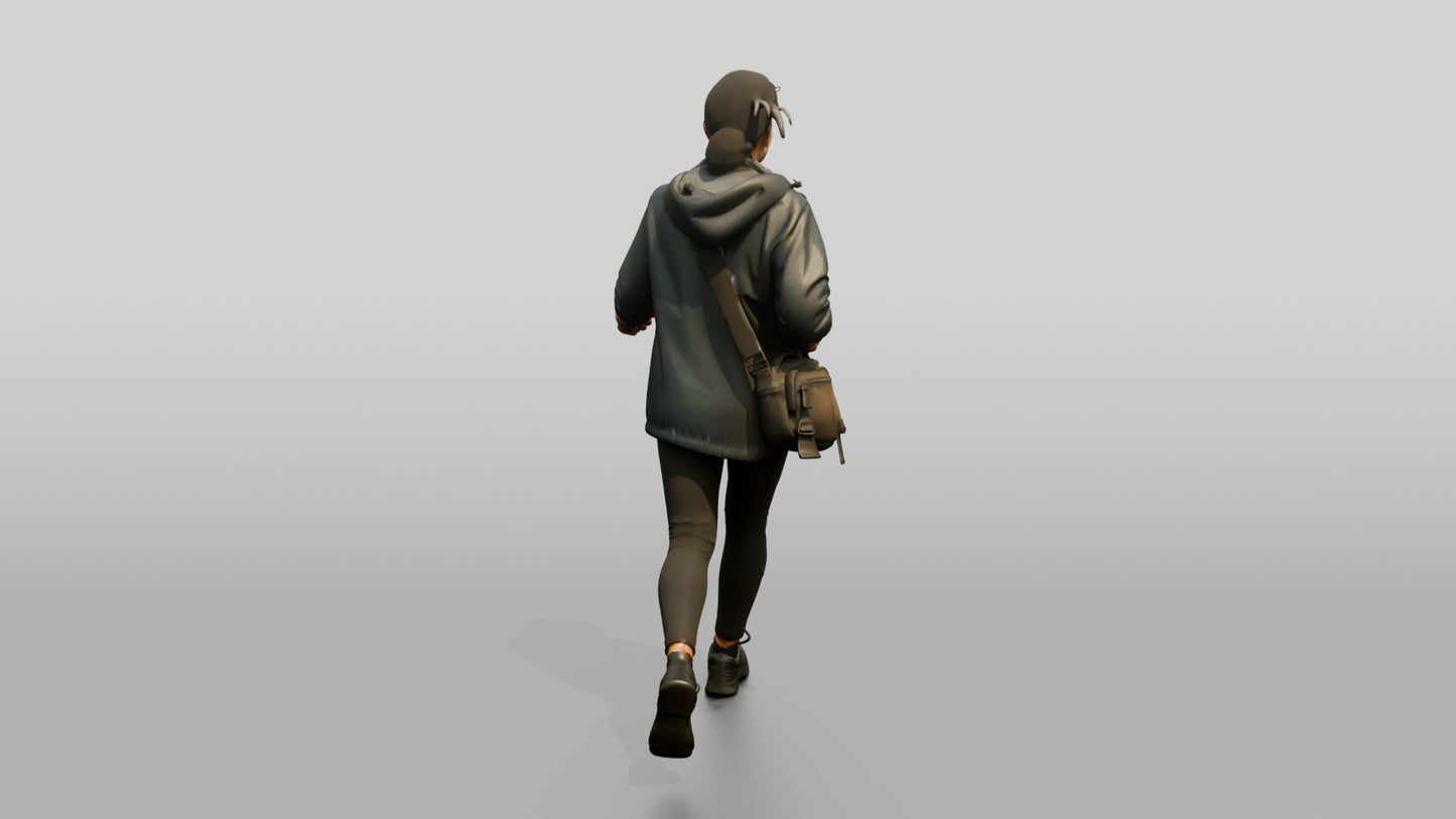 Indian Woman Walking Briskly in Dark Raincoat