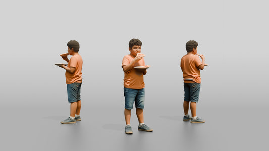 Stocky Portuguese Boy Eating a Slice of Pizza