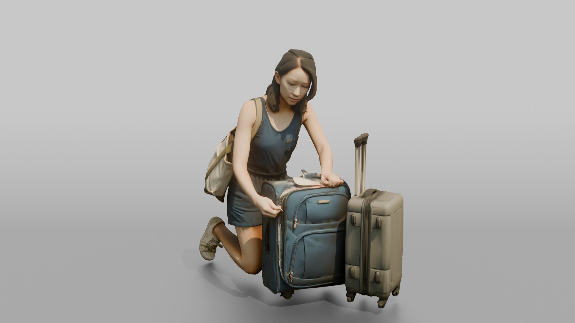 Traveler Kneeling To Zip Her Suitcase