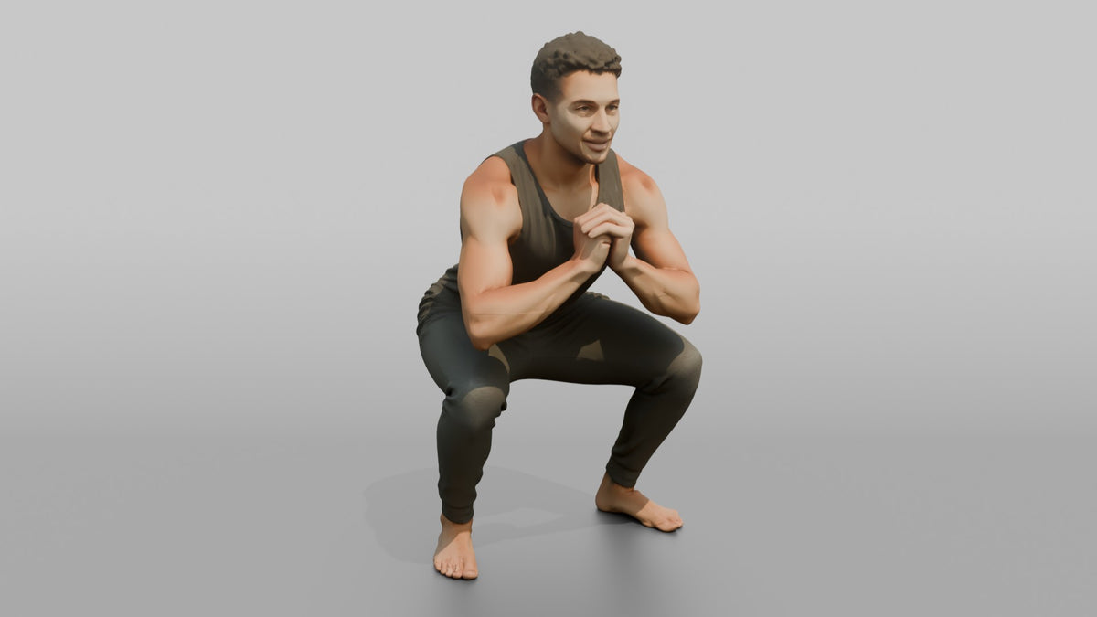 Fitness Influencer Man Doing A Bodyweight Squat With Hands Clasped - 3D character model