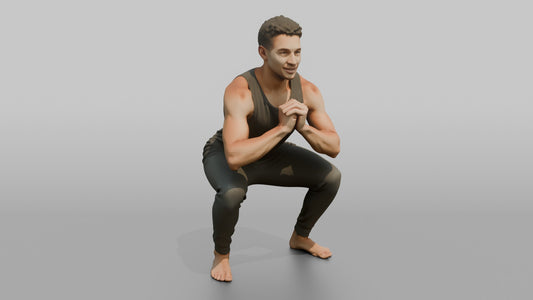Fitness Influencer Man Doing A Bodyweight Squat With Hands Clasped - 3D character model