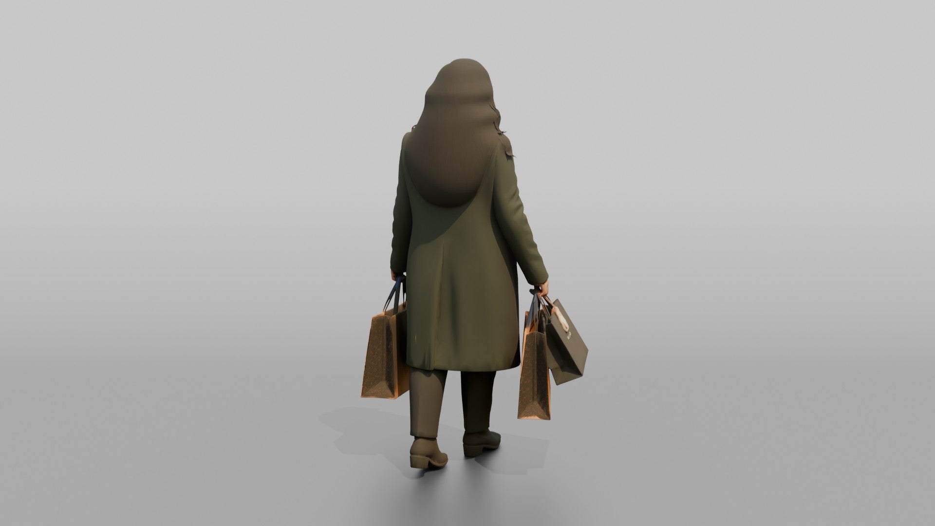 Woman in Green Wool Coat with Shopping Bags