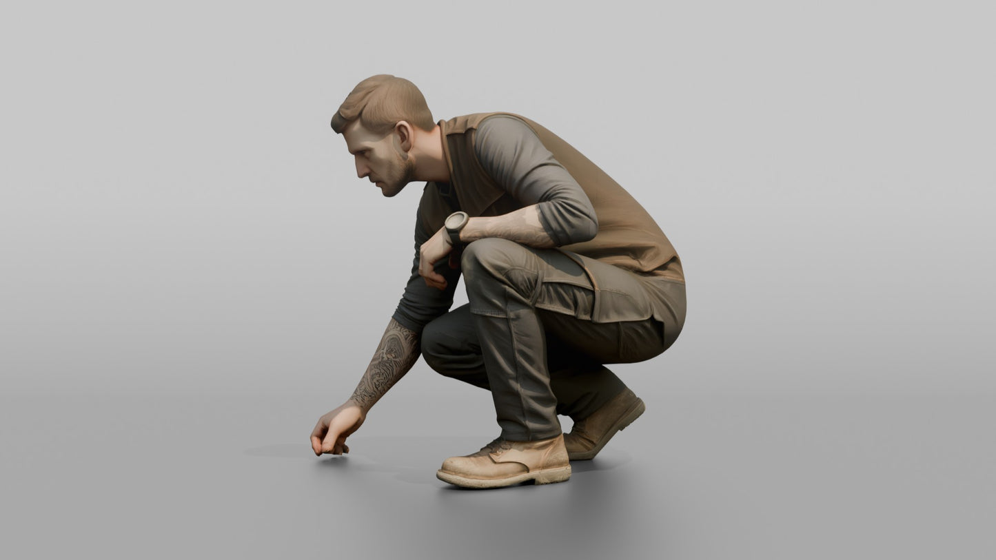 Protester Man Crouching to Pick Something Up