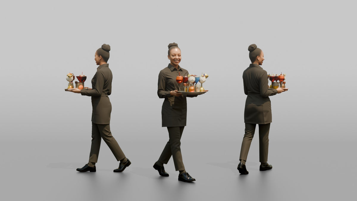 Cocktail Server Woman Carrying A Tray Of Colorful Cocktails - 3D character model, view 1