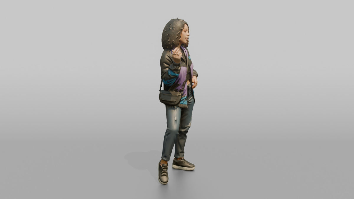Patron Woman Striking A Bold Urban Pose In A Graphic Windbreaker - 3D character model, view 2