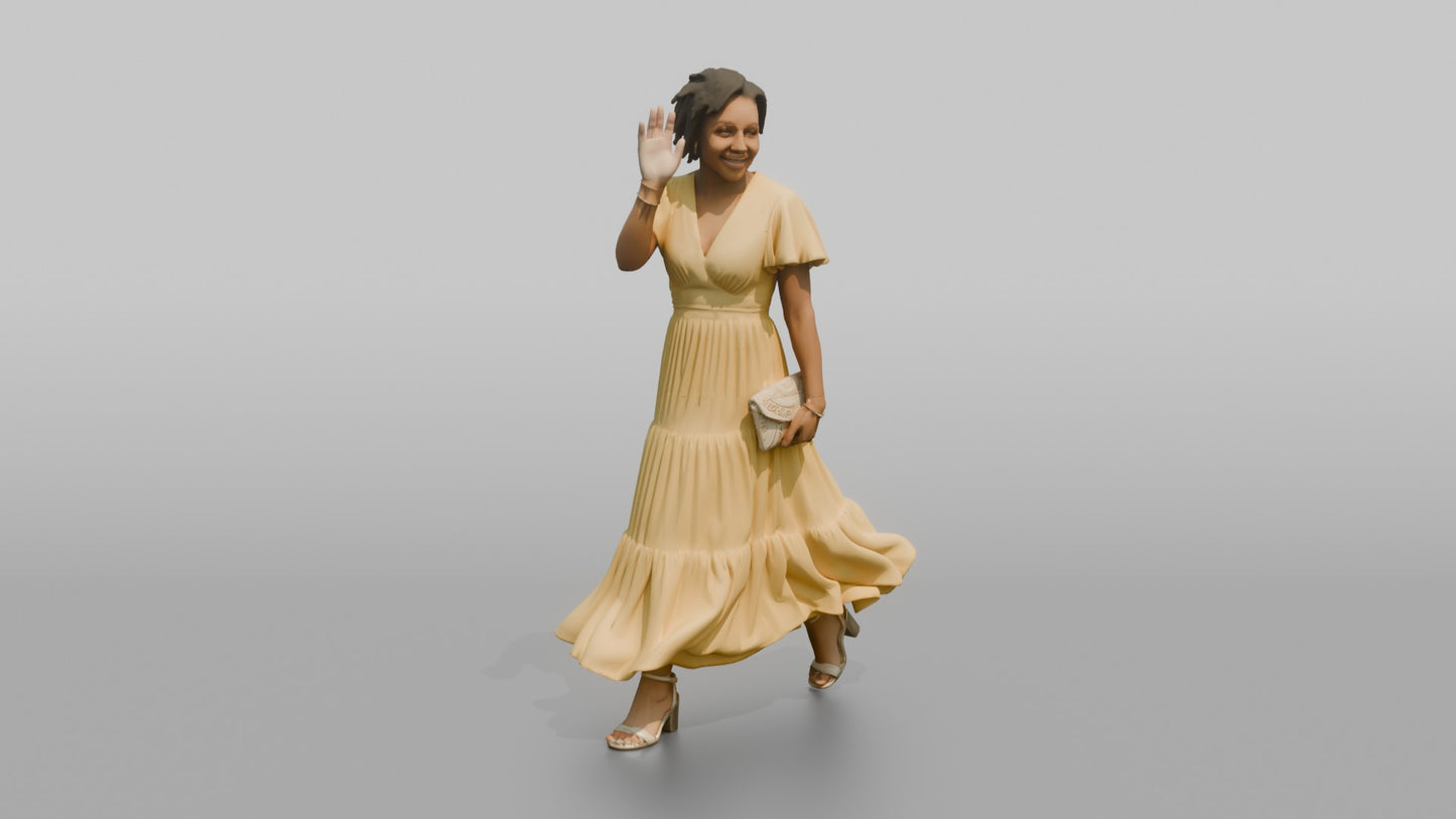 Wedding Guest Waving in a Yellow Chiffon Dress
