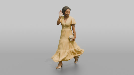 Wedding Guest Waving in a Yellow Chiffon Dress - 3D character model, view 1