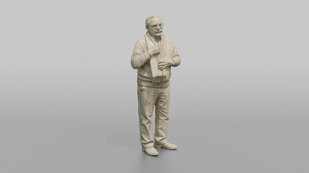 Grandfather Adjusting A Wool Scarf Around His Neck - wireframe topology preview