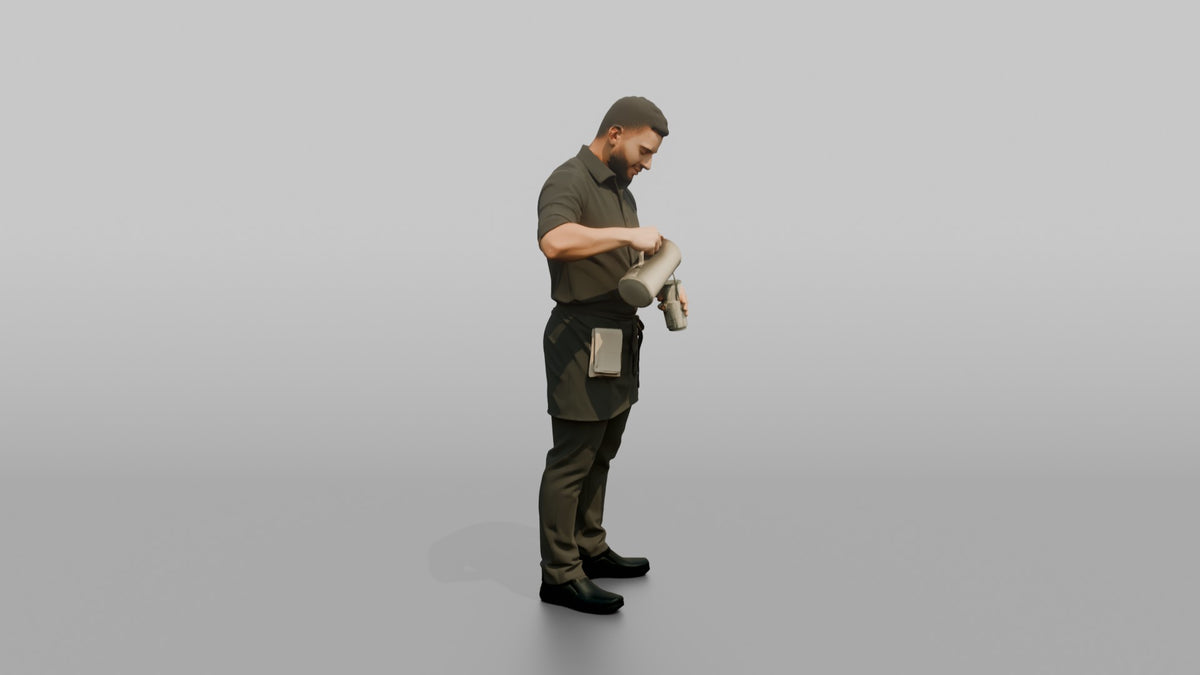 Server Man Pouring Water From A Pitcher Into A Glass - 3D character model, view 2