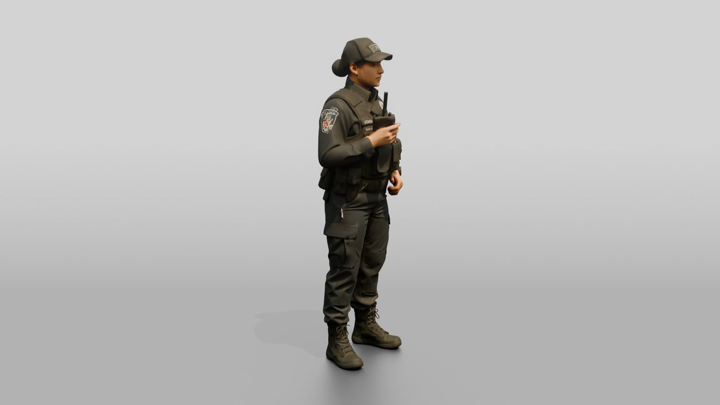 Latina Female Guard in a Dark Blue Tactical Guard Uniform