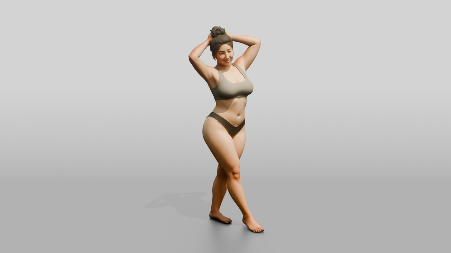 Curvy Woman in Olive Two-Piece Swimsuit Arms Raised