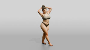 Curvy Woman in Olive Two-Piece Swimsuit Arms Raised - 3D character model, view 1