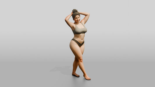Curvy Woman in Olive Two-Piece Swimsuit Arms Raised - 3D character model, view 1