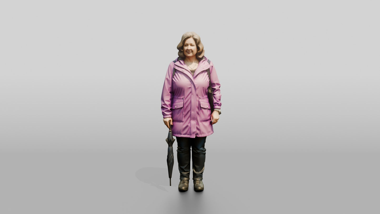 White Woman Waiting at a Crosswalk in Purple Raincoat
