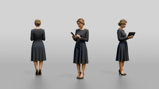 Woman Holding a Tablet in a Navy Dress
