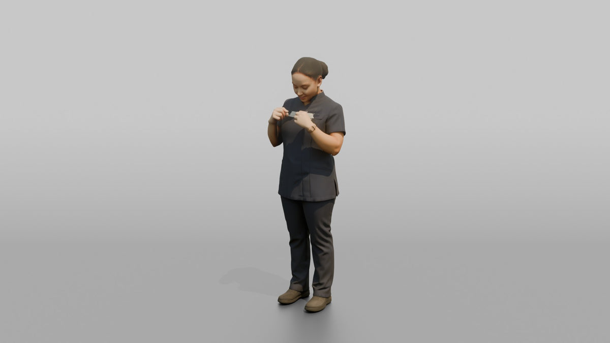 Spa Receptionist Man Adjusting A Name Badge On A Spa Uniform - 3D character model, view 4