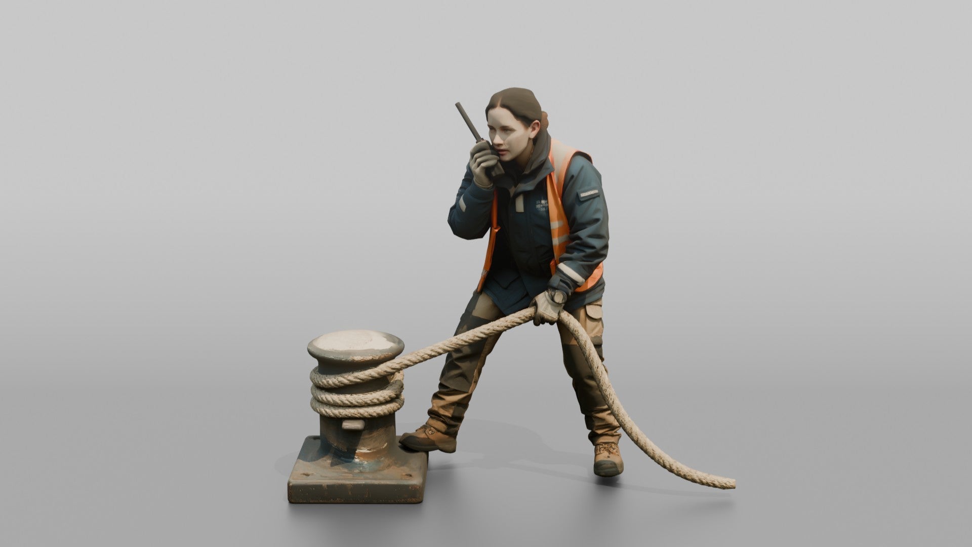 Deckhand Checking a Mooring Line on the Radio