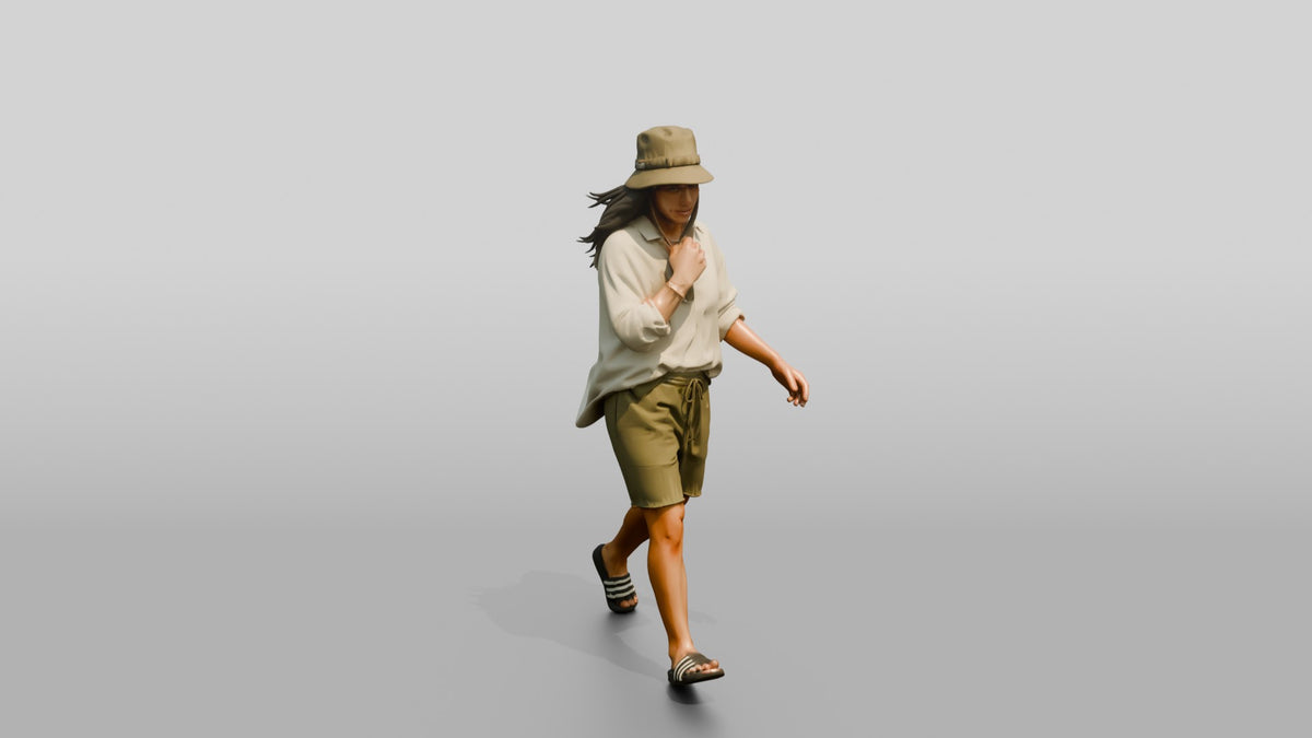Woman Adjusting Linen Blouse Collar - 3D character model, view 1
