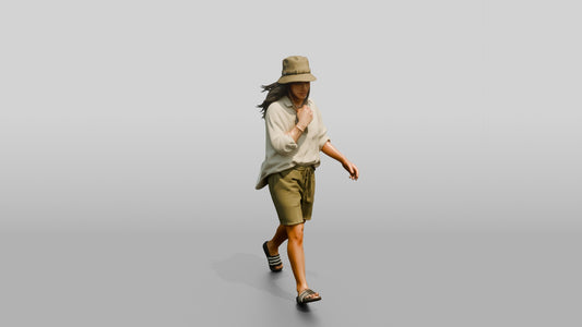 Woman Adjusting Linen Blouse Collar - 3D character model, view 1