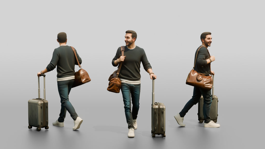 Young Man Walking with Rolling Suitcase and Leather Duffel Bag