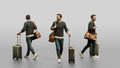 Young Man Walking with Rolling Suitcase and Leather Duffel Bag