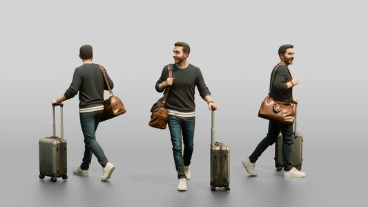Young Man Walking with Rolling Suitcase and Leather Duffel Bag - 3D character model
