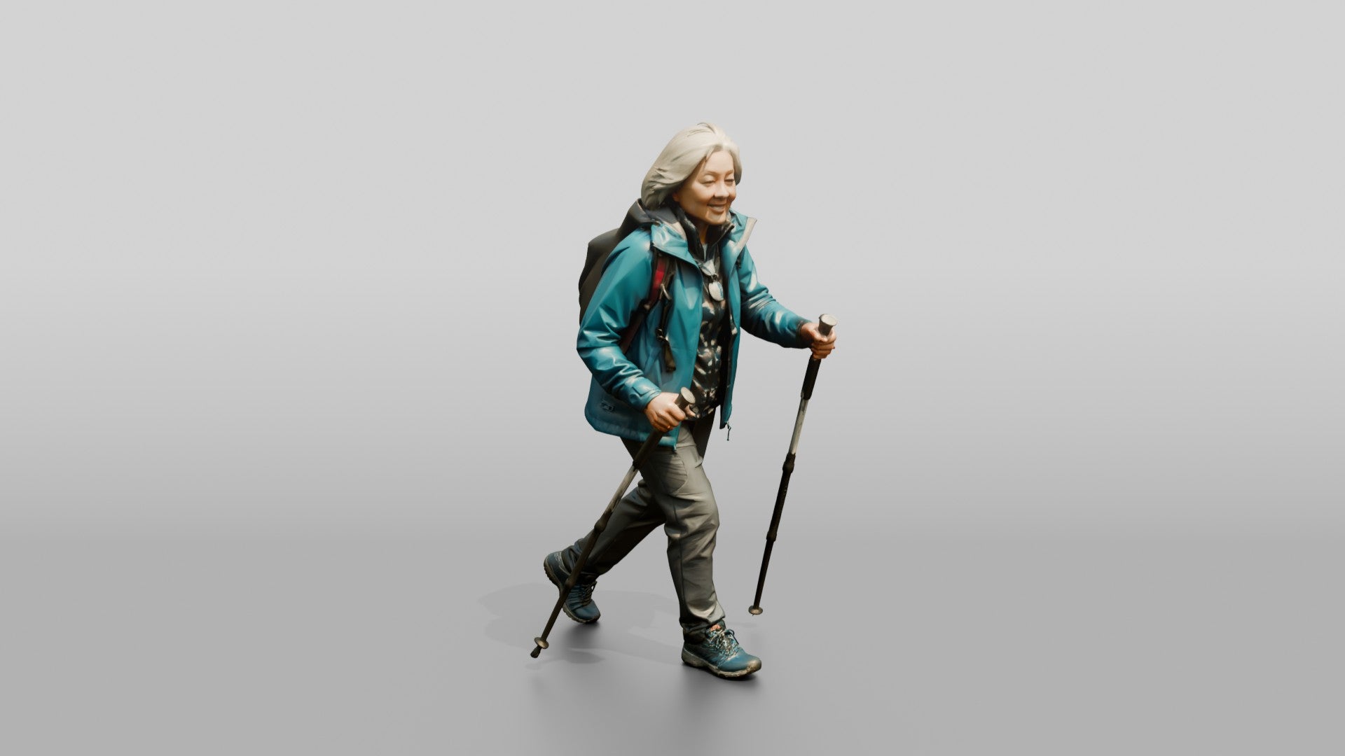 Elderly Chinese Woman Hiking with Trekking Poles