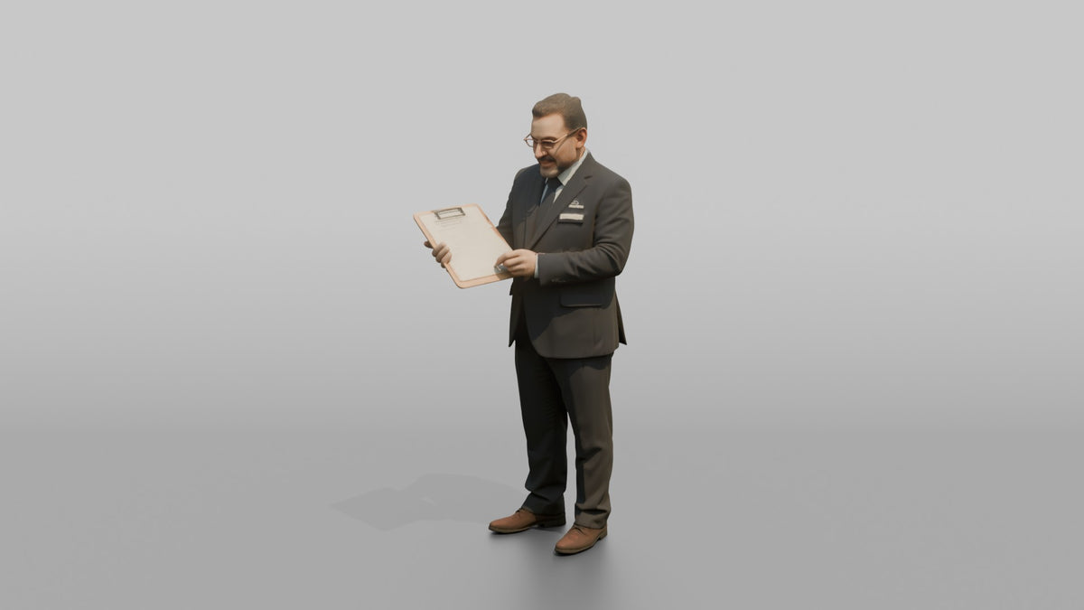 Receptionist Man Holding A Pen, Signing A Form - 3D character model, view 4