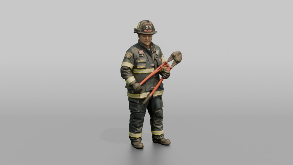 Firefighter Man Standing Ready While Holding a Heavy Bolt Cutter