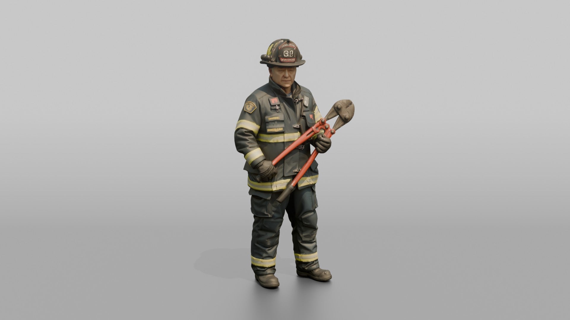 Firefighter Man Standing Ready While Holding a Heavy Bolt Cutter
