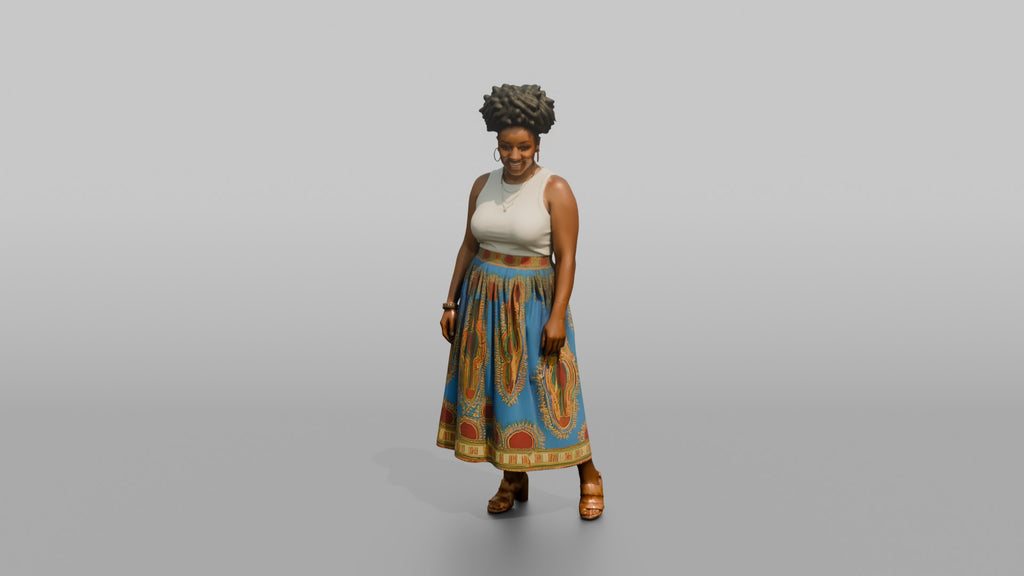 African Woman in Dashiki Print Skirt and White Top